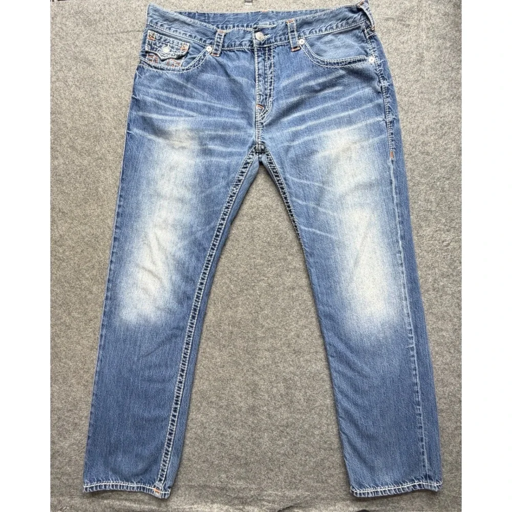 True Religion Skinny Leg Jeans Mens 42 Blue Whiskering Denim Thick Stitch Y2K